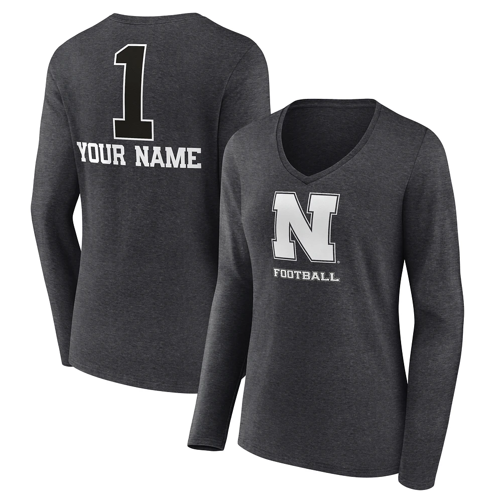 Women's Charcoal Nebraska Huskers Personalized Any Name Monochrome Long Sleeve V-Neck T-Shirt
