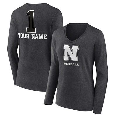 Women's Charcoal Nebraska Huskers Personalized Any Name Monochrome Long Sleeve V-Neck T-Shirt