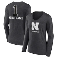 Women's Charcoal Nebraska Huskers Personalized Any Name Monochrome Long Sleeve V-Neck T-Shirt