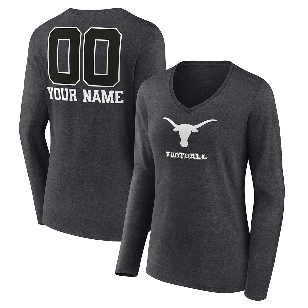 Women's Charcoal Texas Longhorns Personalized Name & Number Monochrome Long Sleeve V-Neck T-Shirt