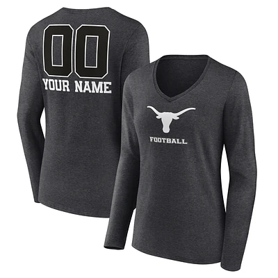 Women's Charcoal Texas Longhorns Personalized Name & Number Monochrome Long Sleeve V-Neck T-Shirt