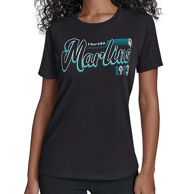 Women's Starter  Black Florida Marlins Cooperstown Collection Groovy Script Team Fitted T-Shirt