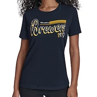 Women's Starter  Navy Milwaukee Brewers Groovy Script Team Fitted T-Shirt