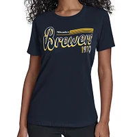 Women's Starter  Navy Milwaukee Brewers Groovy Script Team Fitted T-Shirt