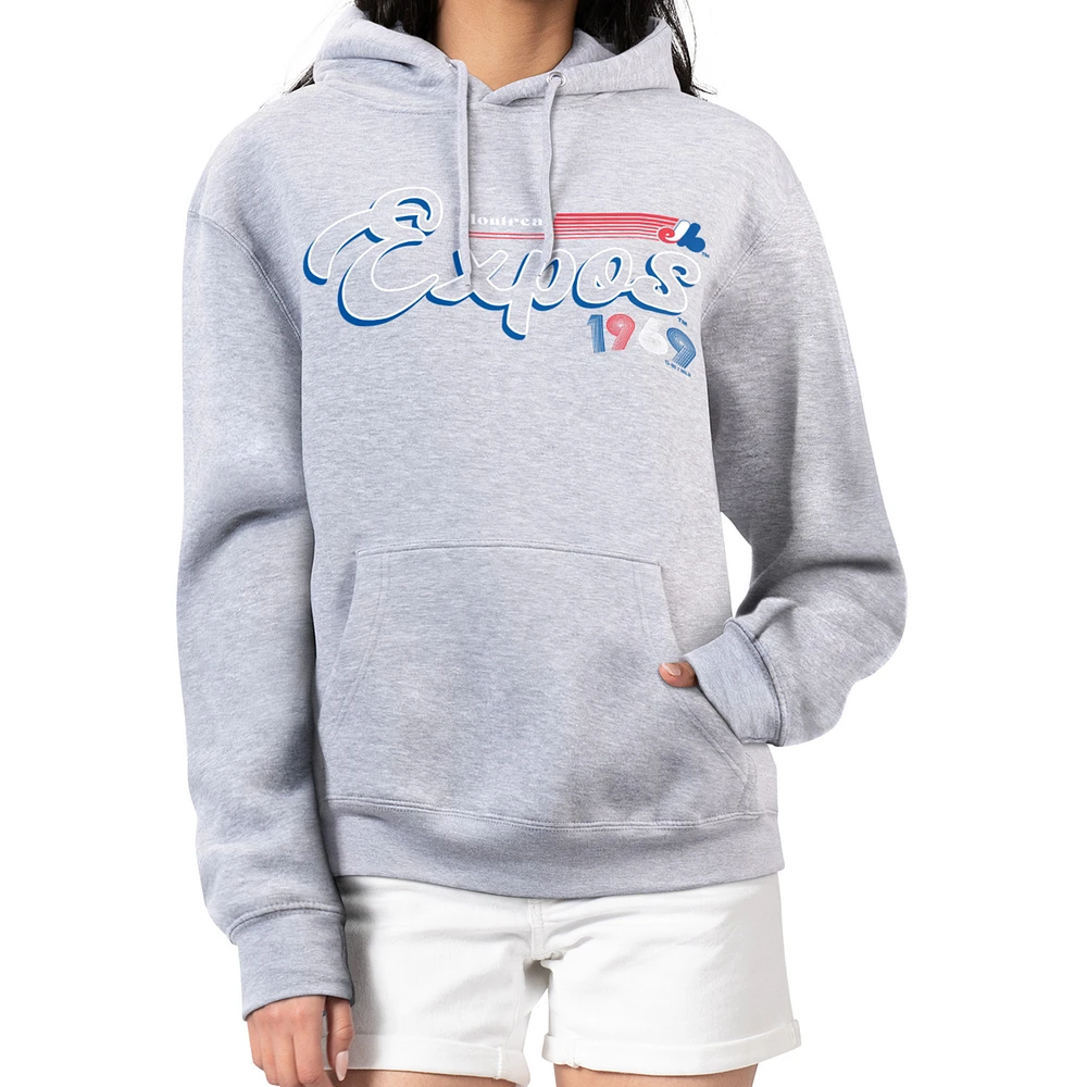 Women's Starter Gray Montreal Expos Cooperstown Collection Groovy Script Team Fleece Pullover Hoodie