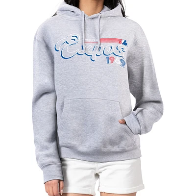 Women's Starter Gray Montreal Expos Cooperstown Collection Groovy Script Team Fleece Pullover Hoodie