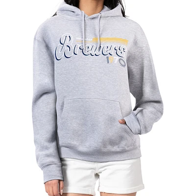 Women's Starter Gray Milwaukee Brewers Groovy Script Team Fleece Pullover Hoodie