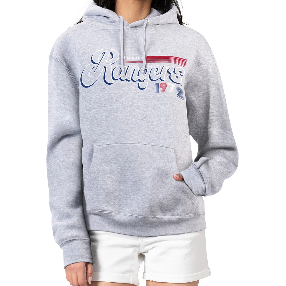 Women's Starter Gray Texas Rangers Groovy Script Team Fleece Pullover Hoodie