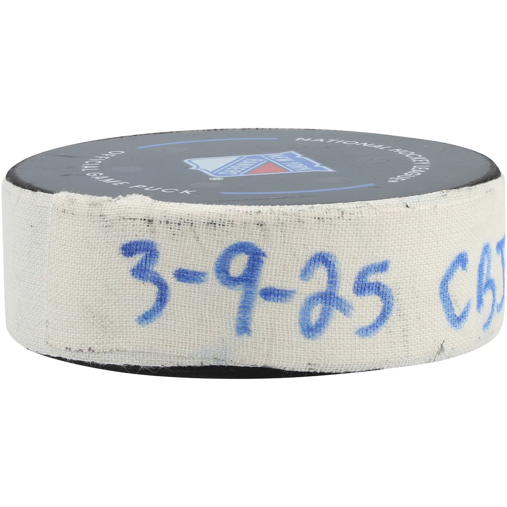 Dante Fabbro Columbus Blue Jackets Game-Used Goal Puck vs. New York Rangers on March 9, 2025