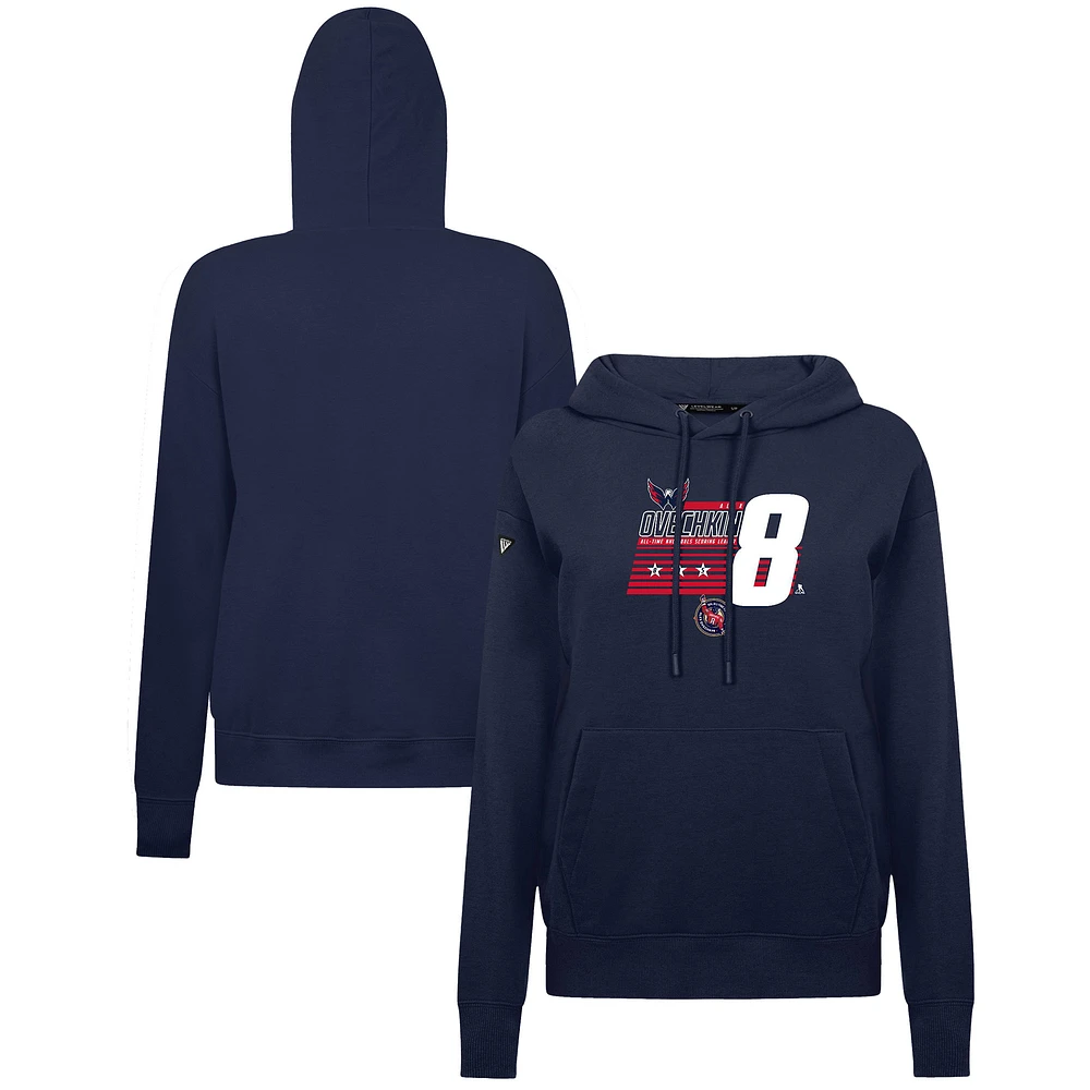 Women's Levelwear Alexander Ovechkin Navy Washington Capitals NHL All-Time Leading Goal Scorer Milestone Stripes Name & Number Adorn Pullover Hoodie