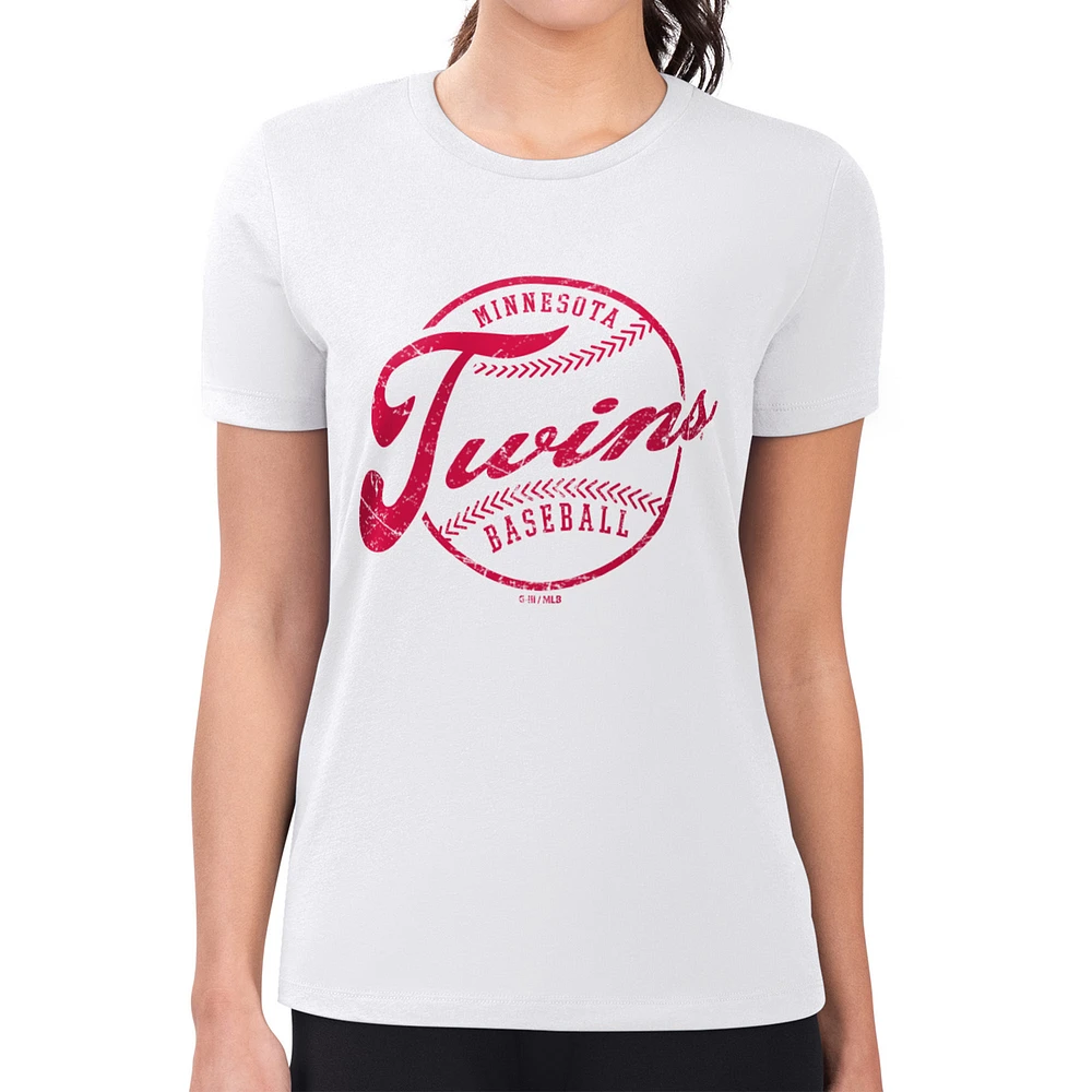 Women's G-III 4Her by Carl Banks White Minnesota Twins Distressed Baseball Team Fitted T-Shirt