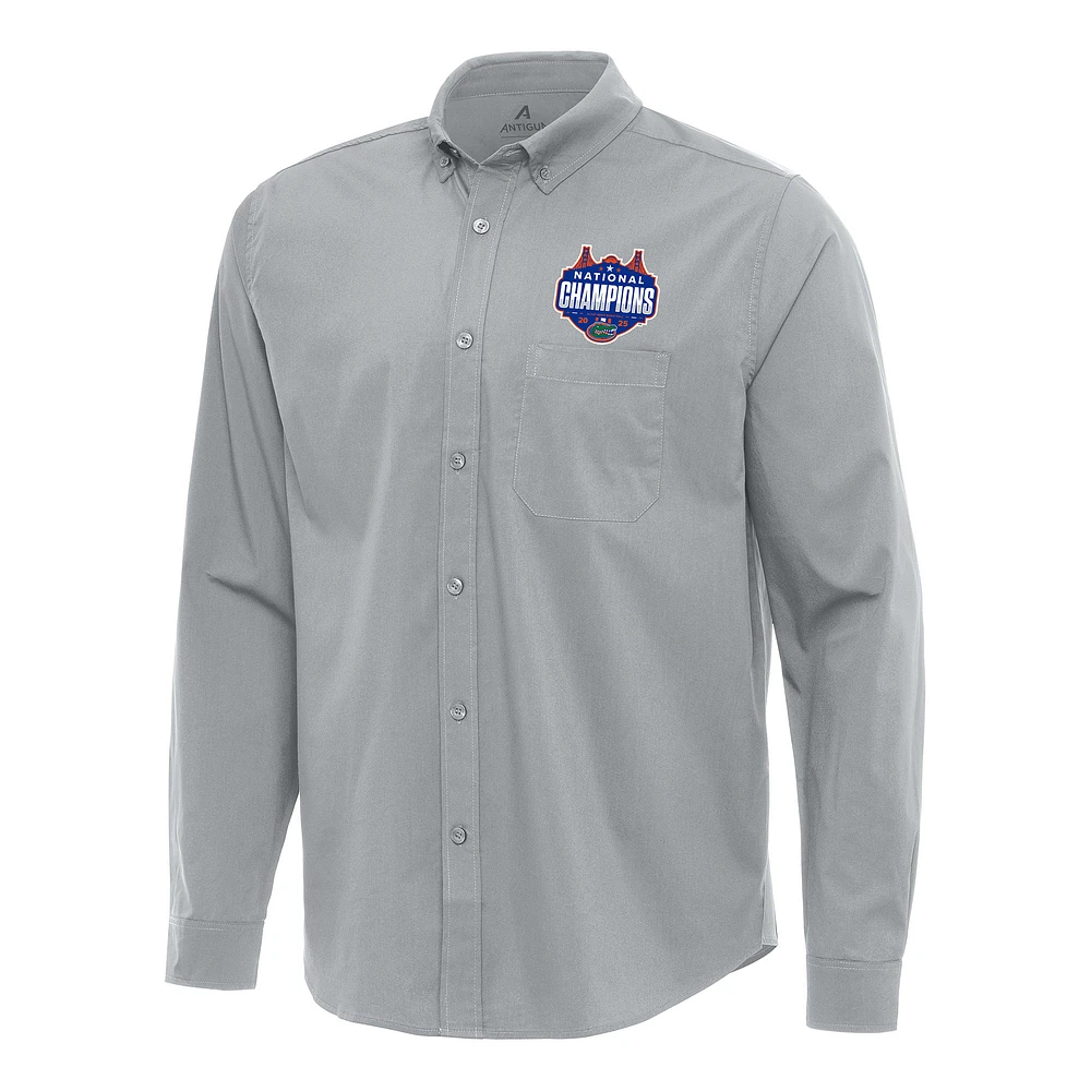 Men's Antigua Gray Florida Gators 2025 NCAA Basketball National Champions Flight Woven Tri-Blend Long Sleeve Button-Down Shirt