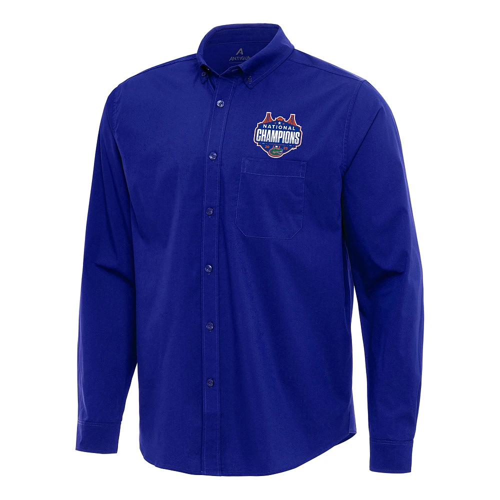 Men's Antigua  Royal Florida Gators 2025 NCAA Basketball National Champions Flight Woven Tri-Blend Long Sleeve Button-Down Shirt
