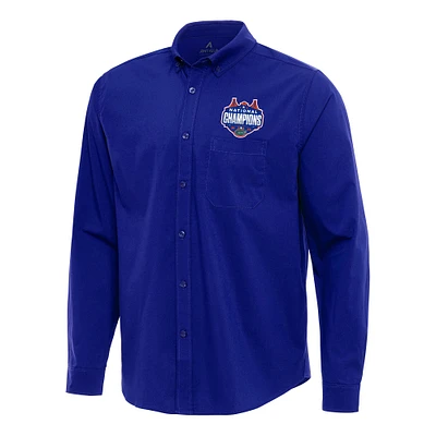 Men's Antigua  Royal Florida Gators 2025 NCAA Basketball National Champions Flight Woven Tri-Blend Long Sleeve Button-Down Shirt
