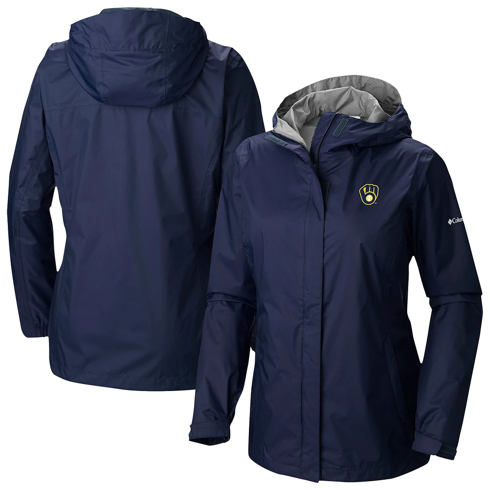 Women's Columbia Navy Milwaukee Brewers Arcadia II Omni-Tech Full-Zip Hoodie Rain Jacket