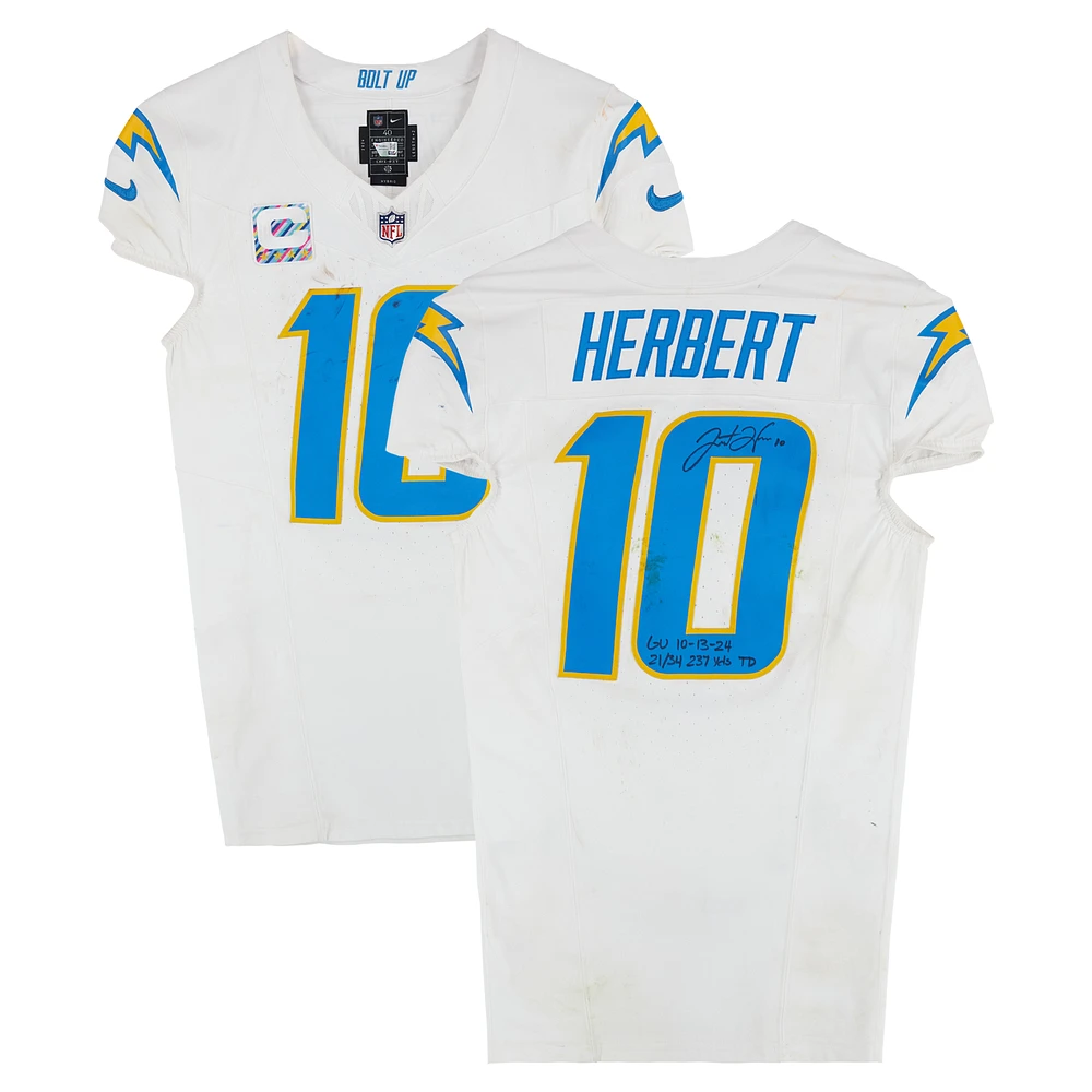 Justin Herbert Los Angeles Chargers Autographed Game-Used #10 White Nike Jersey vs. Denver Broncos on October 13, 2024 With Multiple Inscriptions