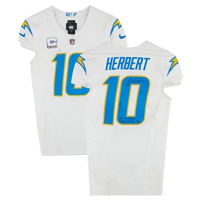 Justin Herbert Los Angeles Chargers Autographed Game-Used #10 White Nike Jersey vs. Denver Broncos on October 13, 2024 With Multiple Inscriptions