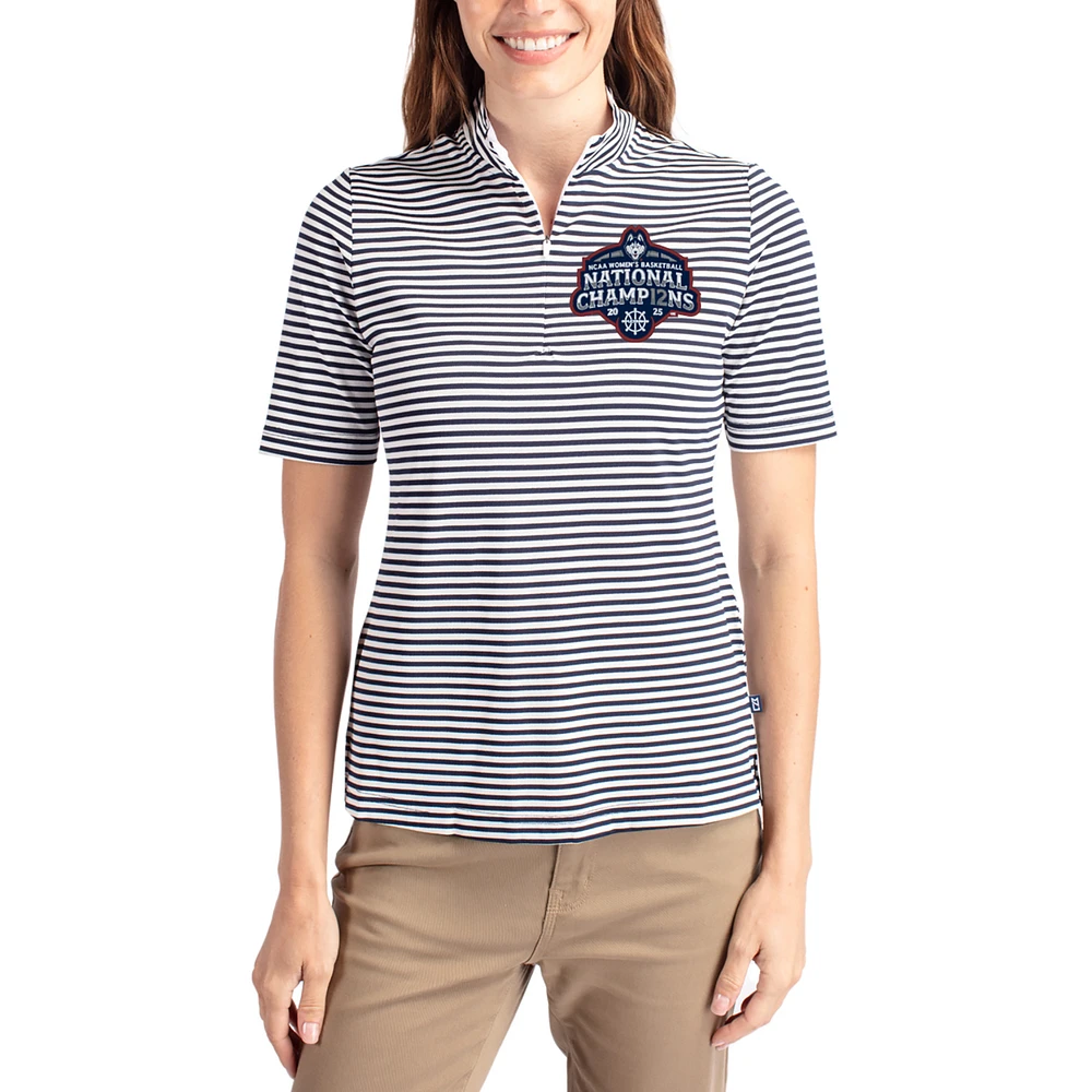 Women's Cutter & Buck Navy UConn Huskies 2025 NCAA Basketball National Champions Virtue Eco Pique Stripe Recycled Quarter-Zip Top