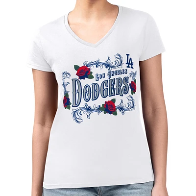 Women's G-III 4Her by Carl Banks White Los Angeles Dodgers Retro Roses Fitted V-Neck T-Shirt