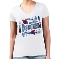 Women's G-III 4Her by Carl Banks White Los Angeles Dodgers Retro Roses Fitted V-Neck T-Shirt