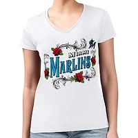 Women's G-III 4Her by Carl Banks White Miami Marlins Retro Roses Fitted V-Neck T-Shirt