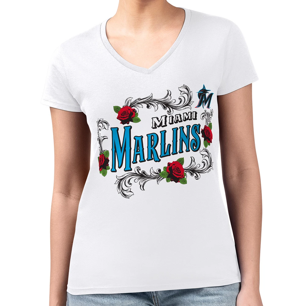 Women's G-III 4Her by Carl Banks White Miami Marlins Retro Roses Fitted V-Neck T-Shirt