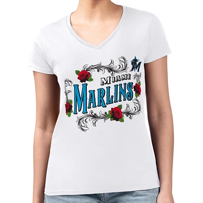 Women's G-III 4Her by Carl Banks White Miami Marlins Retro Roses Fitted V-Neck T-Shirt