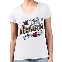 Women's G-III 4Her by Carl Banks White Milwaukee Brewers Retro Roses Fitted V-Neck T-Shirt