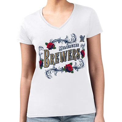 Women's G-III 4Her by Carl Banks White Milwaukee Brewers Retro Roses Fitted V-Neck T-Shirt