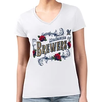 Women's G-III 4Her by Carl Banks White Milwaukee Brewers Retro Roses Fitted V-Neck T-Shirt