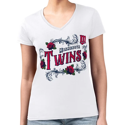 Women's G-III 4Her by Carl Banks White Minnesota Twins Retro Roses Fitted V-Neck T-Shirt
