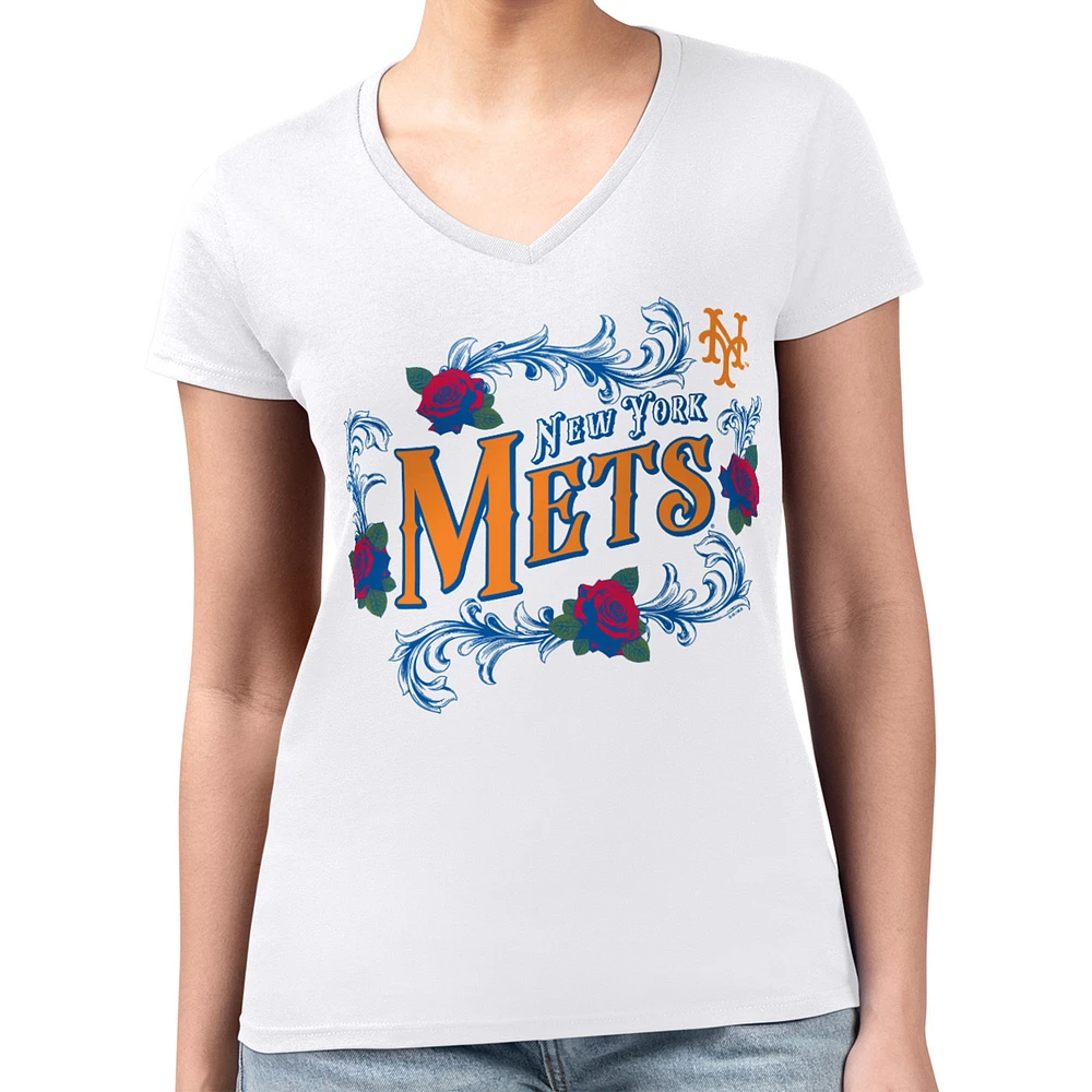 Women's G-III 4Her by Carl Banks White New York Mets Retro Roses Fitted V-Neck T-Shirt