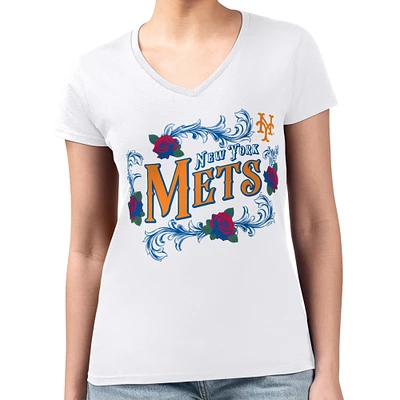 Women's G-III 4Her by Carl Banks White New York Mets Retro Roses Fitted V-Neck T-Shirt