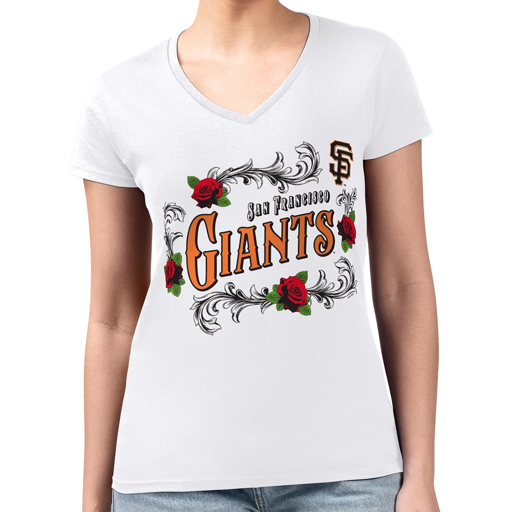Women's G-III 4Her by Carl Banks White San Francisco Giants Retro Roses Fitted V-Neck T-Shirt
