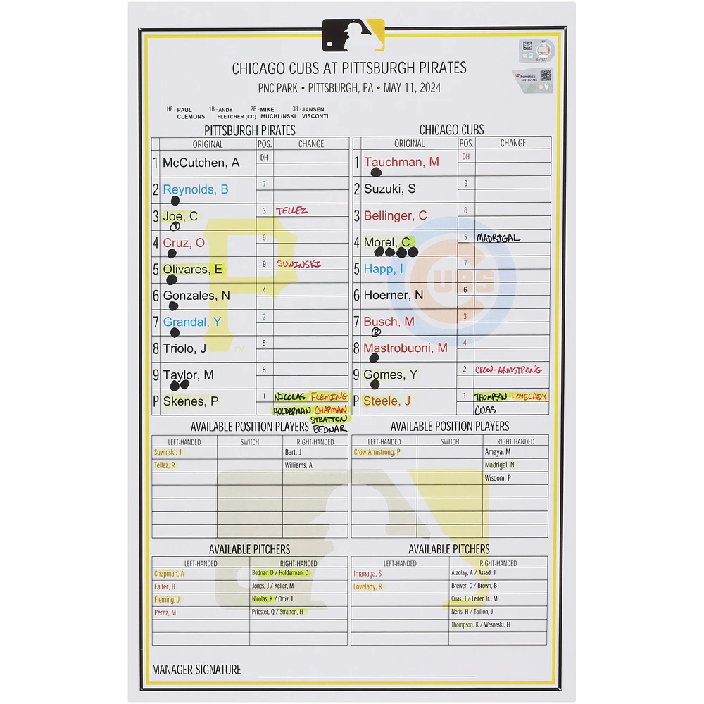 Pittsburgh Pirates Team-Issued Replica Lineup Card vs. Chicago Cubs on May 11, 2024 - Paul Skenes MLB Debut