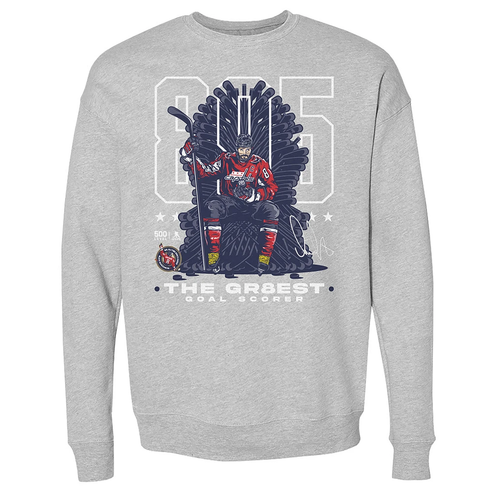 Men's 500 Level Alexander Ovechkin Heather Gray Washington Capitals NHL All-Time Leading Goal Scorer Throne Pullover Sweatshirt