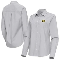 Women's Antigua Gray Iowa Hawkeyes Porter Woven Tri-Blend Long Sleeve Button-Up Shirt