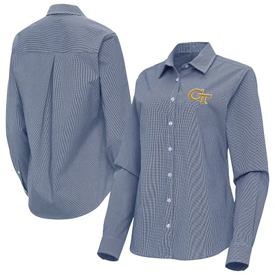 Women's Antigua Navy Georgia Tech Yellow Jackets Porter Woven Tri-Blend Long Sleeve Button-Up Shirt