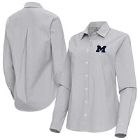 Women's Antigua Gray Michigan Wolverines Porter Woven Tri-Blend Long Sleeve Button-Up Shirt