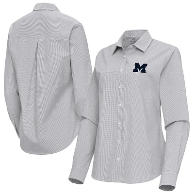 Women's Antigua Gray Michigan Wolverines Porter Woven Tri-Blend Long Sleeve Button-Up Shirt