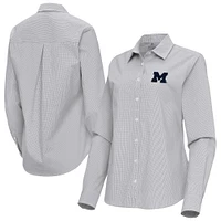 Women's Antigua Gray Michigan Wolverines Porter Woven Tri-Blend Long Sleeve Button-Up Shirt