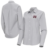 Women's Antigua Gray Mississippi State Bulldogs Porter Woven Tri-Blend Long Sleeve Button-Up Shirt