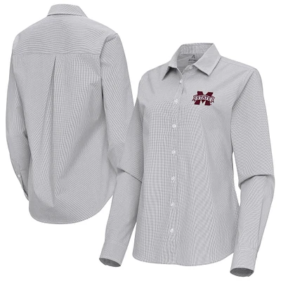 Women's Antigua Gray Mississippi State Bulldogs Porter Woven Tri-Blend Long Sleeve Button-Up Shirt