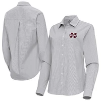 Women's Antigua Gray Mississippi State Bulldogs Porter Woven Tri-Blend Long Sleeve Button-Up Shirt