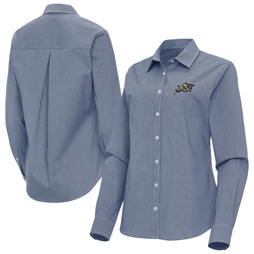 Women's Antigua Navy Midshipmen Porter Woven Tri-Blend Long Sleeve Button-Up Shirt