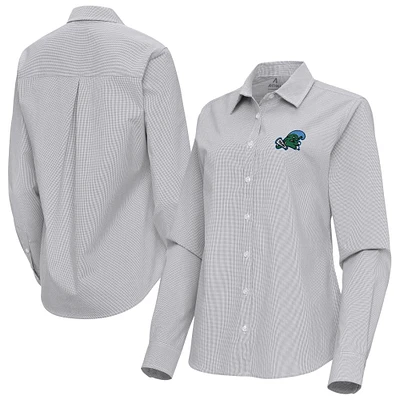 Women's Antigua Gray Tulane Green Wave Porter Woven Tri-Blend Long Sleeve Button-Up Shirt