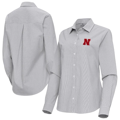 Women's Antigua Gray Nebraska Huskers Porter Woven Tri-Blend Long Sleeve Button-Up Shirt