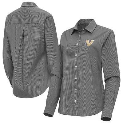 Women's Antigua Black Vanderbilt Commodores Porter Woven Tri-Blend Long Sleeve Button-Up Shirt