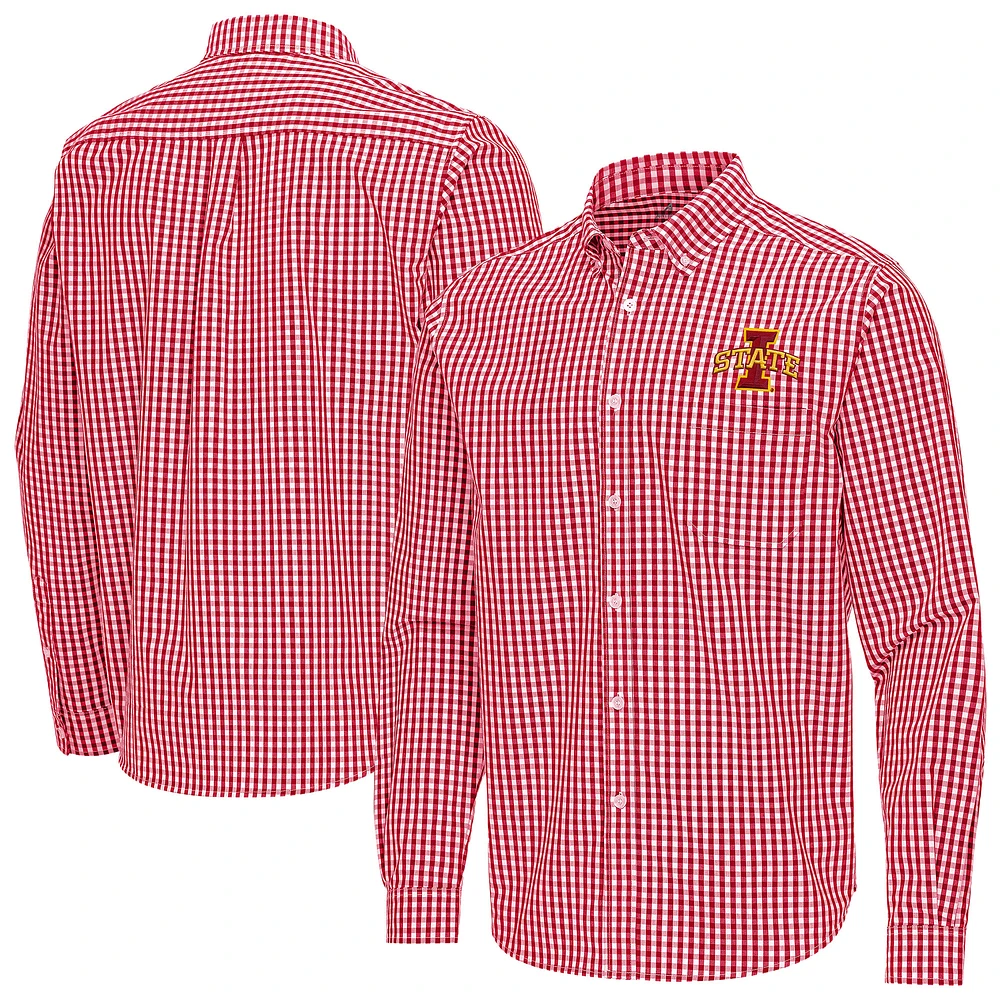 Men's Antigua Cardinal Iowa State Cyclones Ellis Woven Tri-Blend Long Sleeve Button-Down Shirt