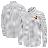 Men's Antigua Gray Iowa State Cyclones Ellis Woven Tri-Blend Long Sleeve Button-Down Shirt